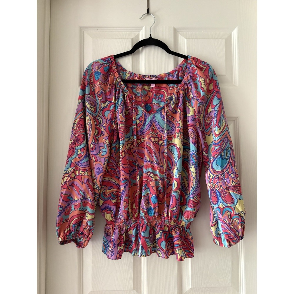 Lily Pulitzer Multicolor 100% Silk Peasant Blouse Size L Paisley Floral Flowy